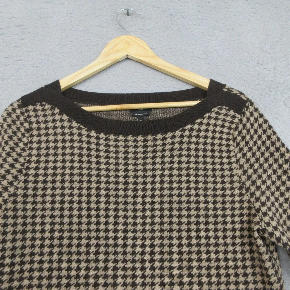 Talbots Merino Wool Sweater Womens Petite Large Brown Houndstooth Classic Preppy